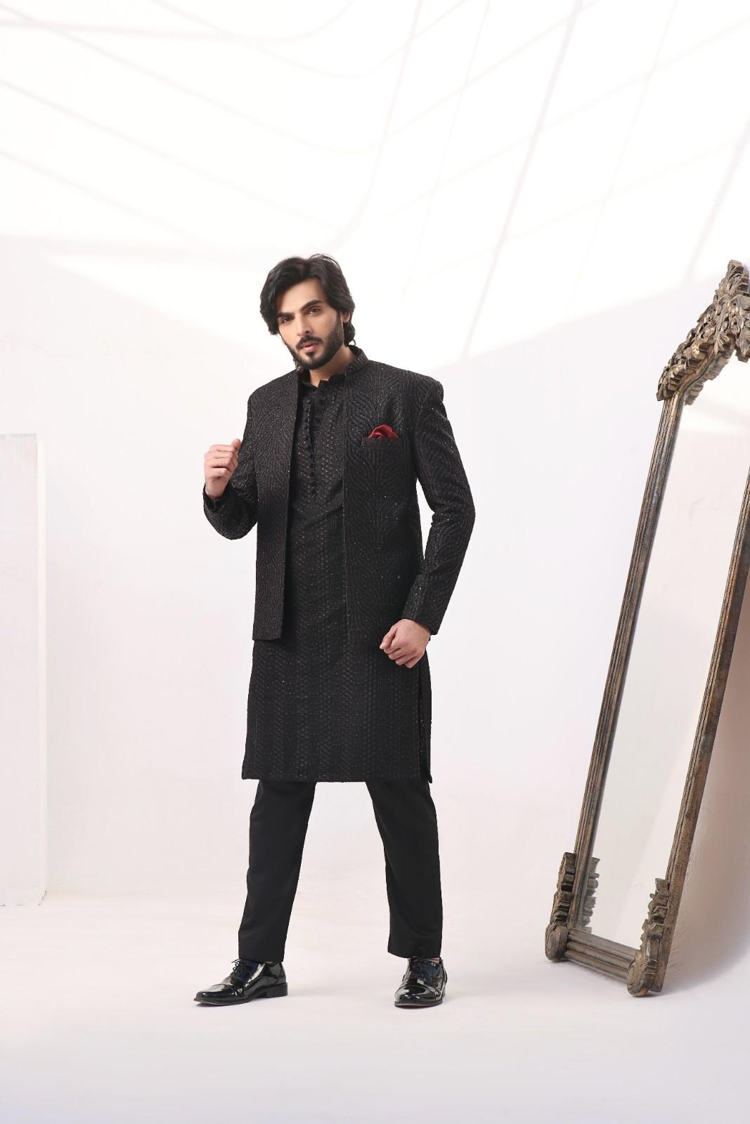 Black Textured Prince Coat 3-Piece Set - Image 2