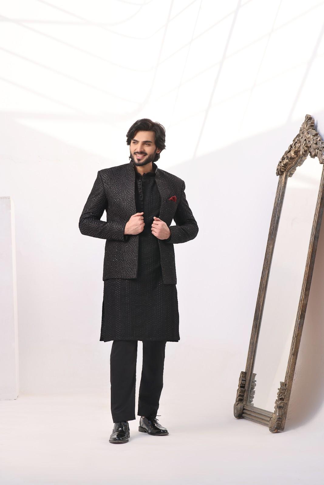 Black Textured Prince Coat 3-Piece Set - Image 3