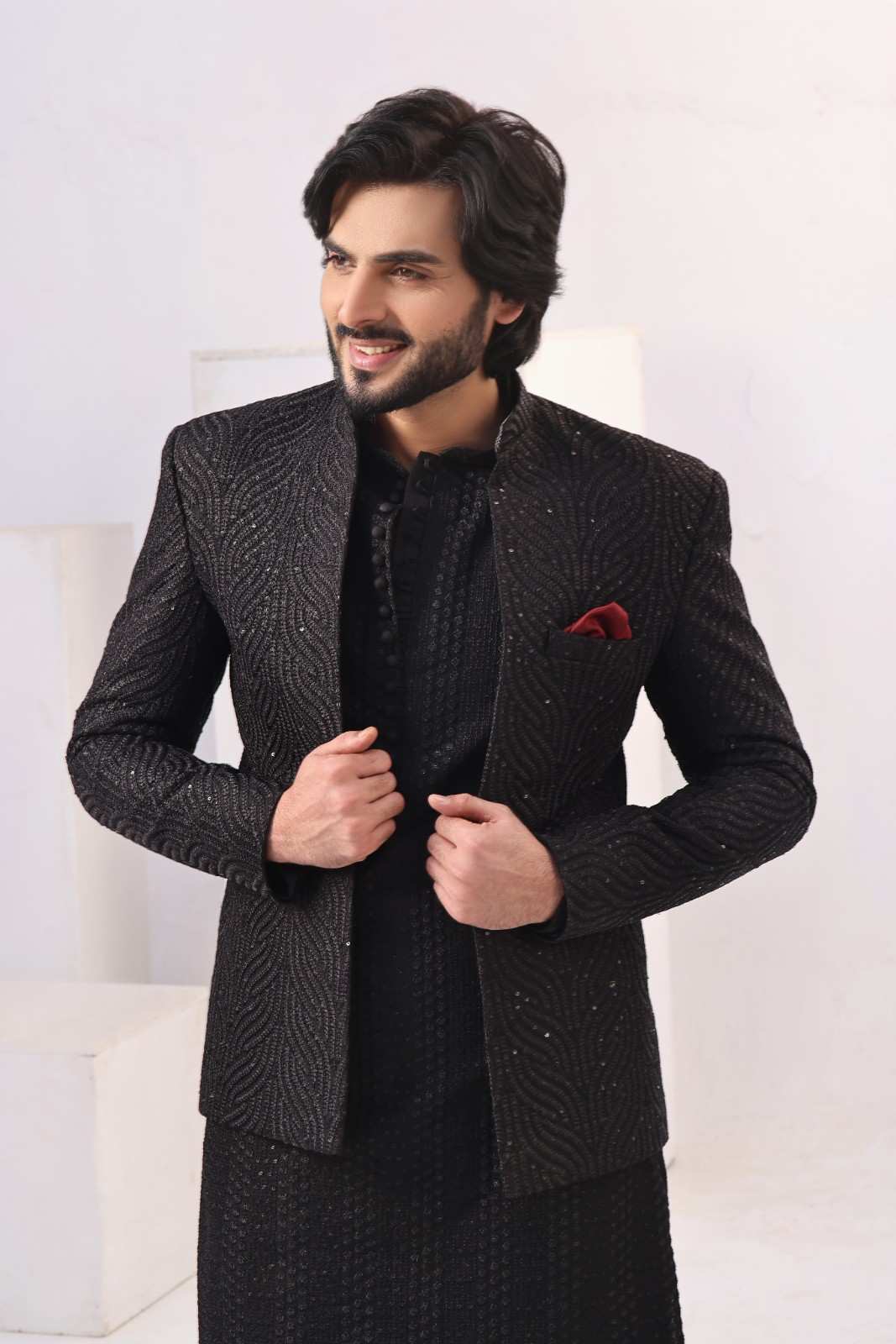Black Textured Prince Coat 3-Piece Set - Image 4