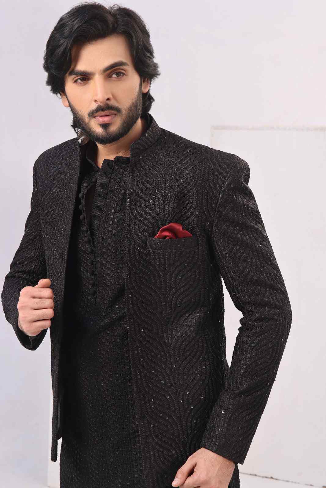 Black Textured Prince Coat 3-Piece Set - Image 5