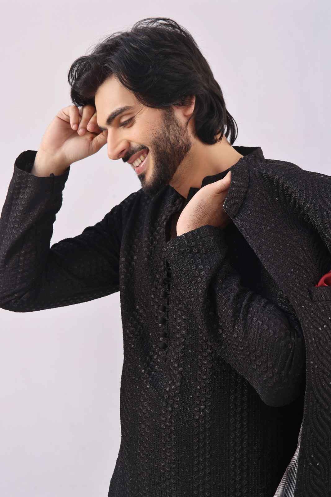 Black Textured Prince Coat 3-Piece Set - Image 6