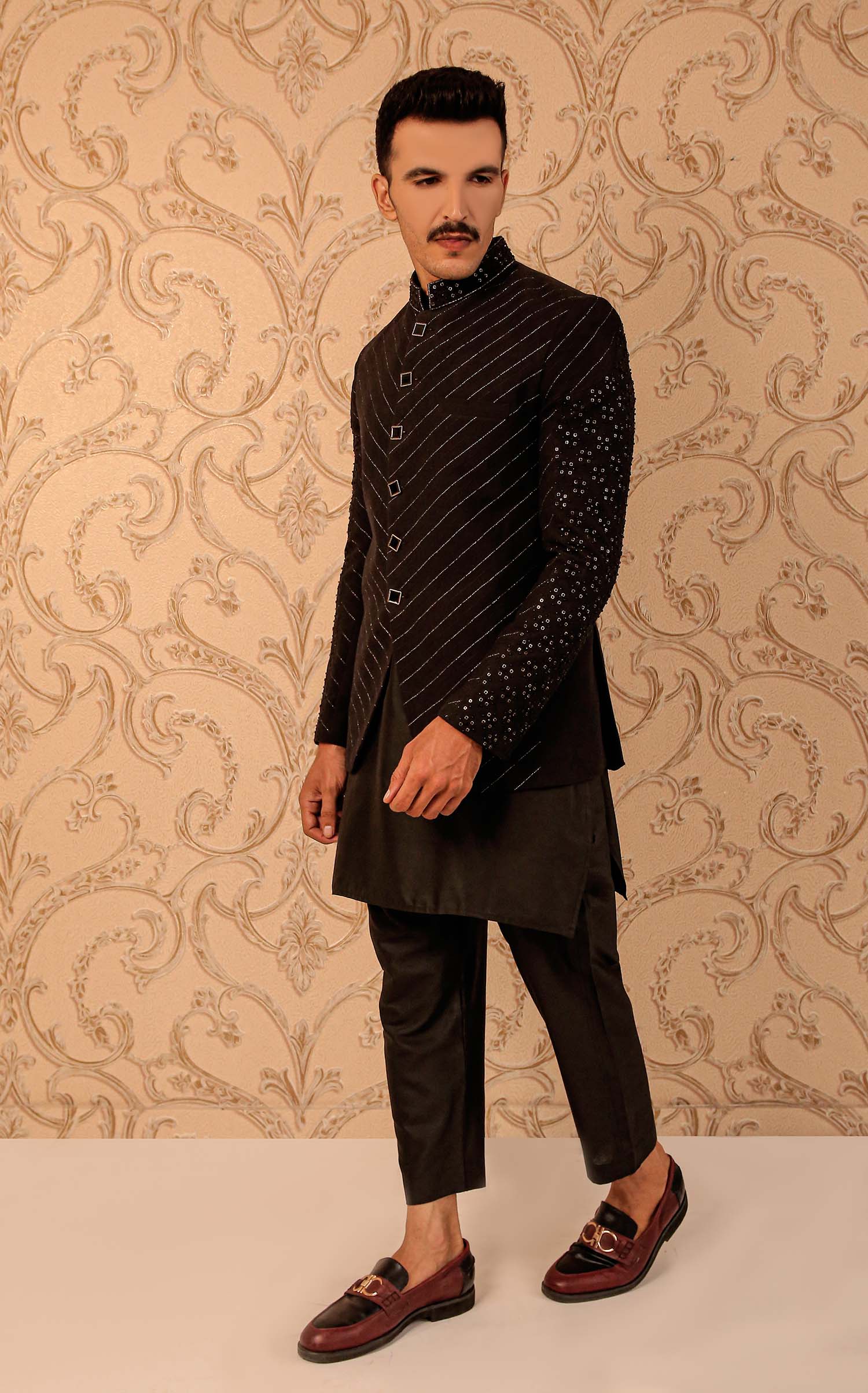 Black Hand-Embroidered Masoori Prince Coat (3-Piece) - Image 1