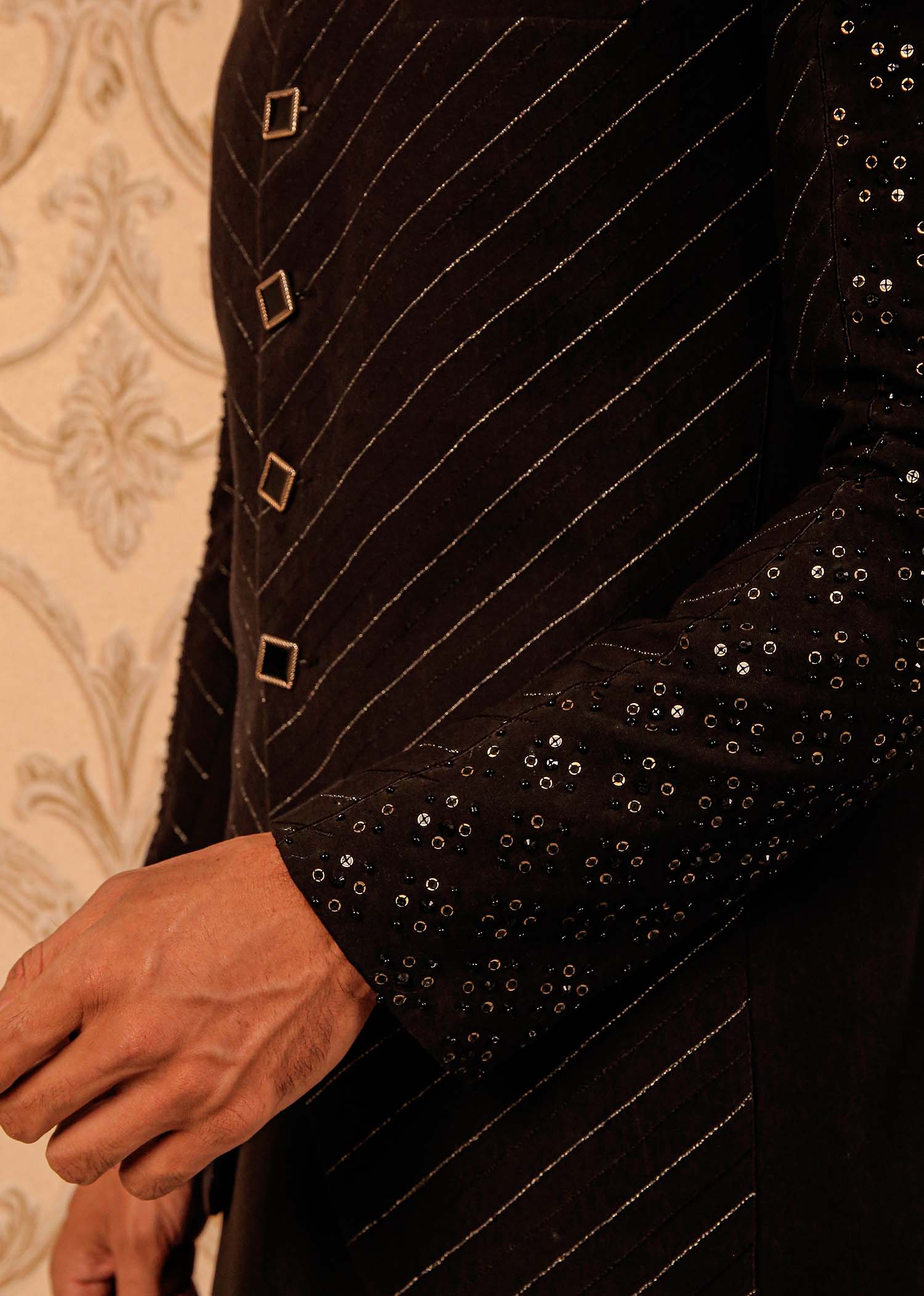 Black Hand-Embroidered Masoori Prince Coat (3-Piece) - Image 3