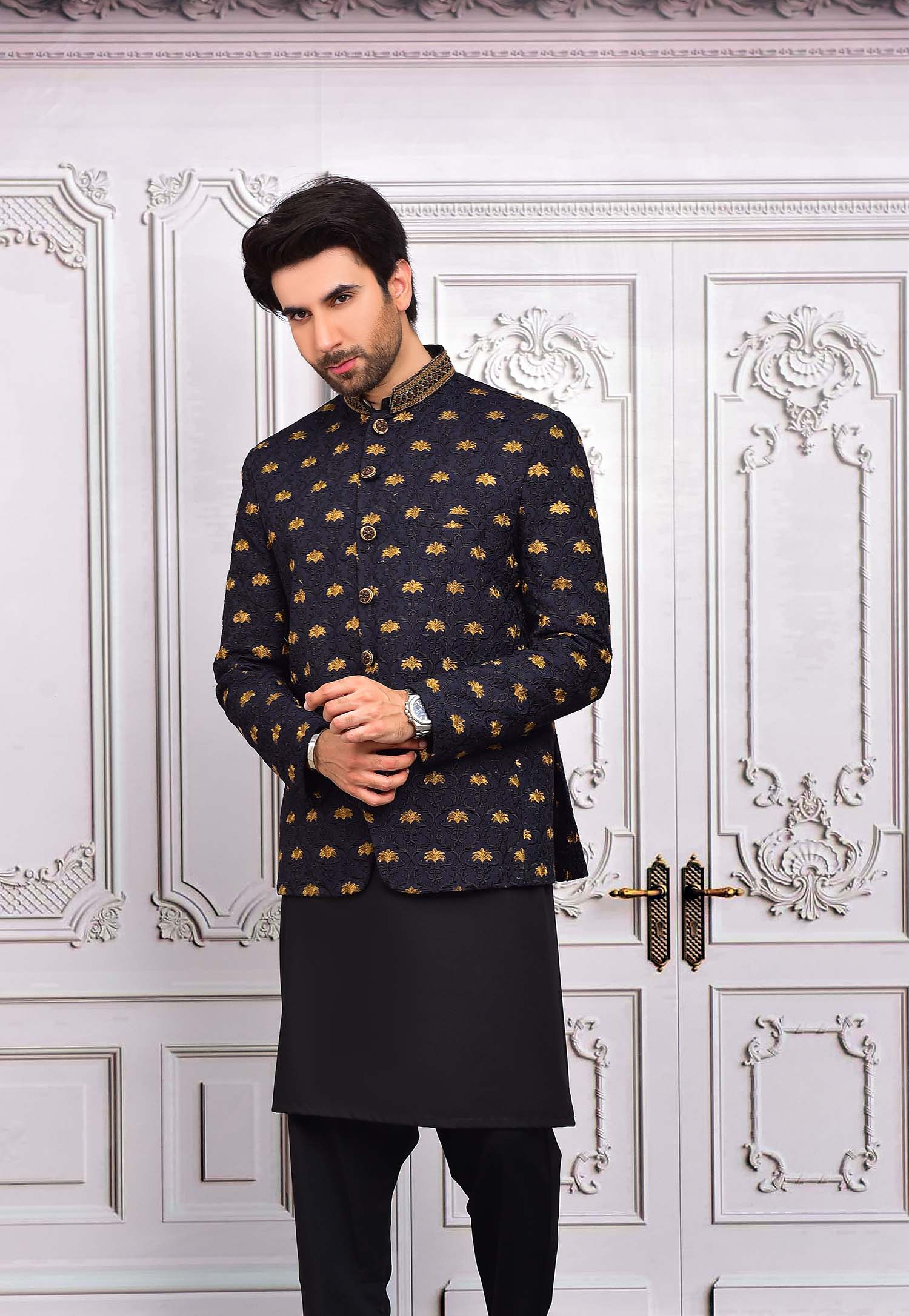Black Embroidered Masoori Prince Coat (1-Pc) - Image 1