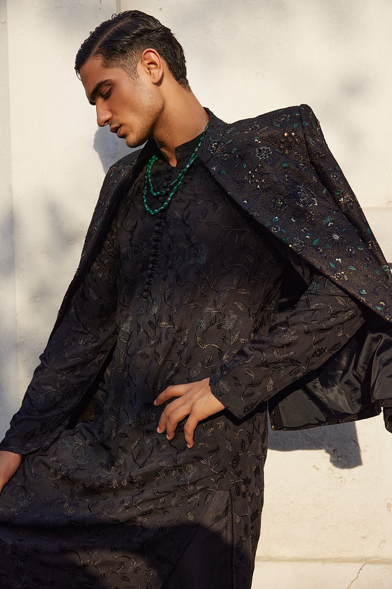 Jet Black Floral Tilla Moonlight Prince Coat (3-Piece) - Image 5