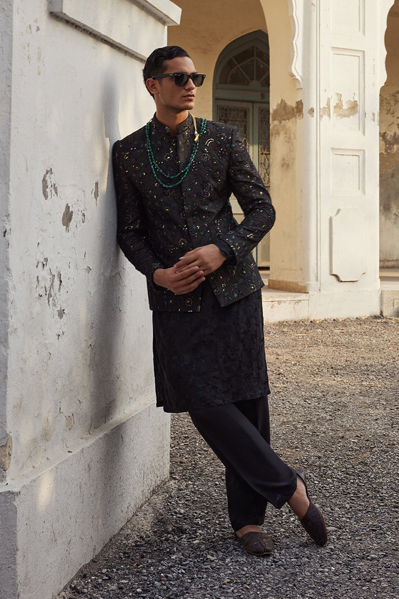 Jet Black Floral Tilla Moonlight Prince Coat (3-Piece) - Image 6