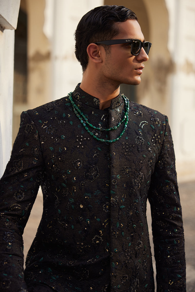 Jet Black Floral Tilla Moonlight Prince Coat (3-Piece) - Image 1