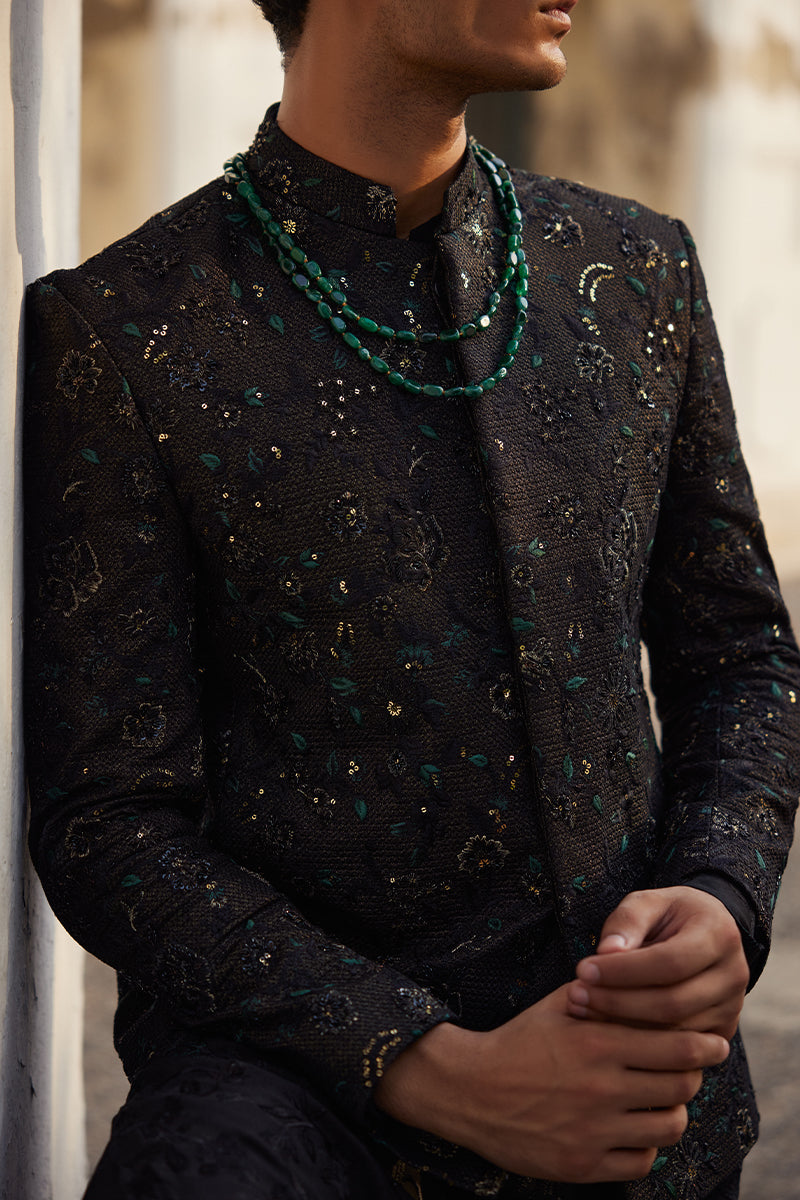 Jet Black Floral Tilla Moonlight Prince Coat (3-Piece) - Image 3