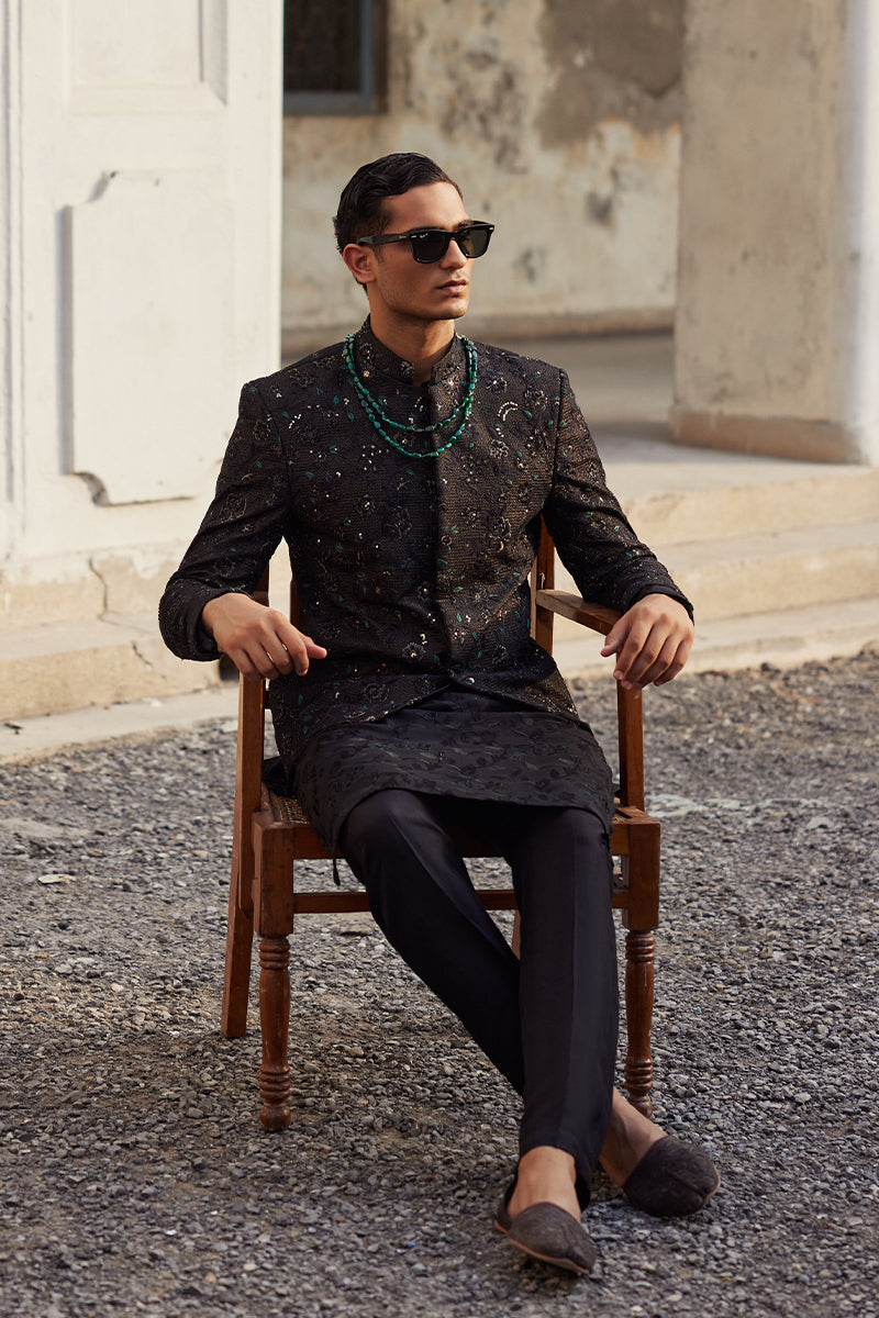 Jet Black Floral Tilla Moonlight Prince Coat (3-Piece) - Image 4