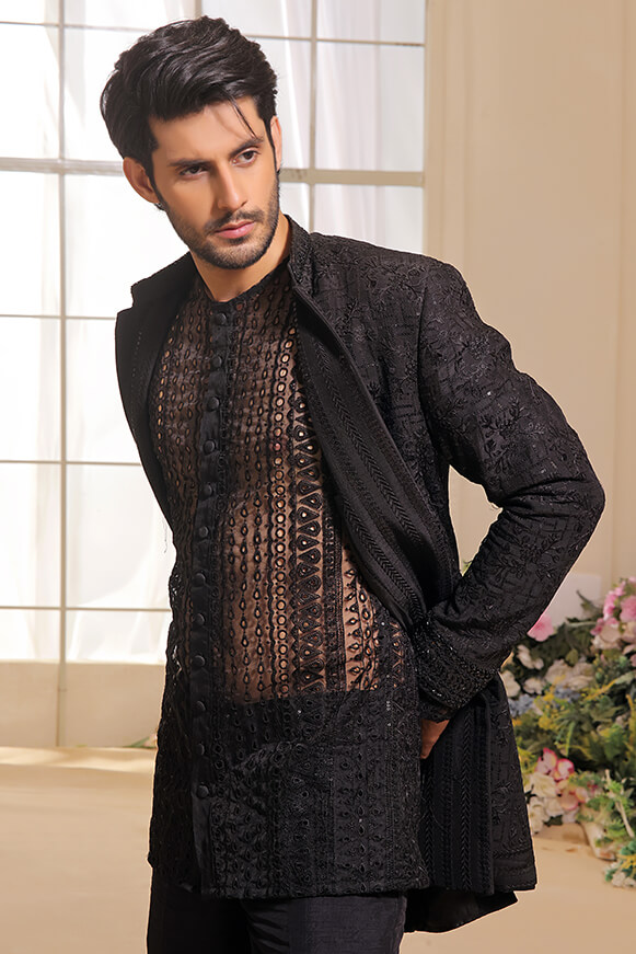 Black Embroidered Organza & Silk Prince Coat (3-Piece) - Image 1
