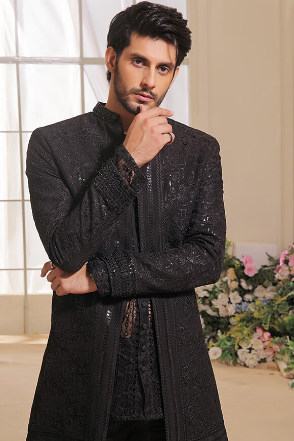 Black Embroidered Organza & Silk Prince Coat (3-Piece) - Image 2