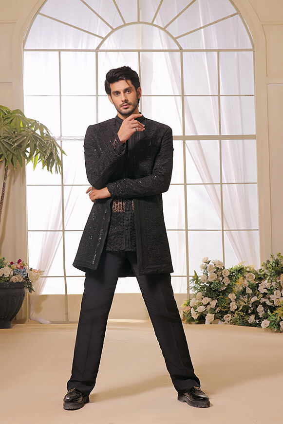 Black Embroidered Organza & Silk Prince Coat (3-Piece) - Image 3