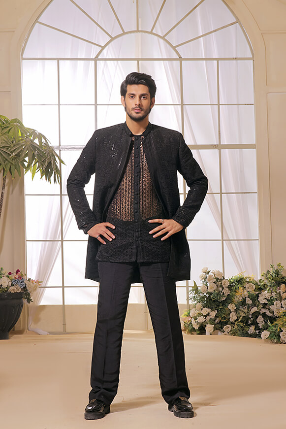 Black Embroidered Organza & Silk Prince Coat (3-Piece) - Image 4