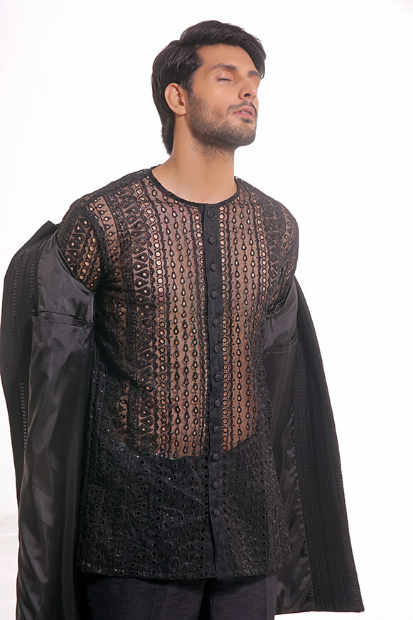 Black Embroidered Organza & Silk Prince Coat (3-Piece) - Image 6
