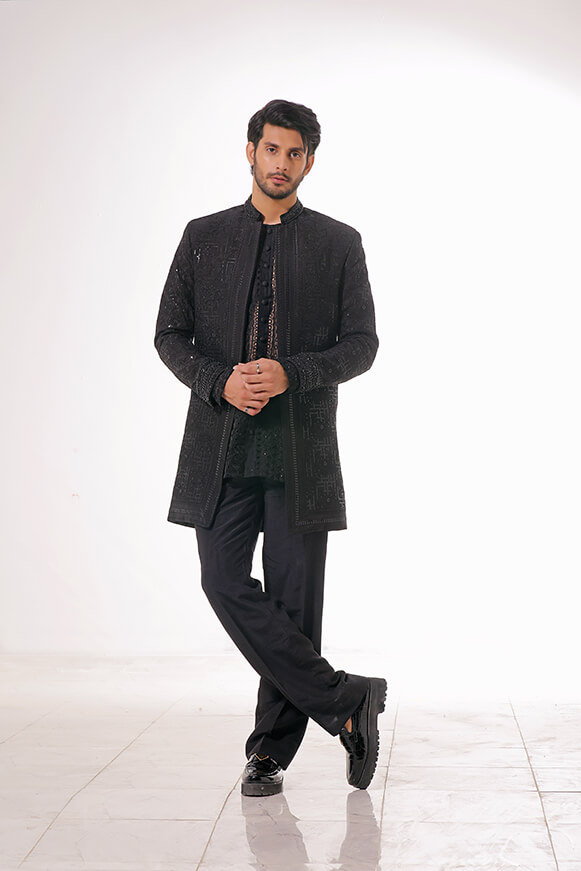 Black Embroidered Organza & Silk Prince Coat (3-Piece) - Image 7