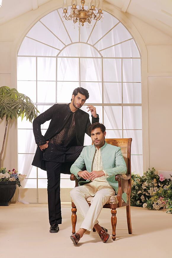 Black Embroidered Organza & Silk Prince Coat (3-Piece) - Image 8