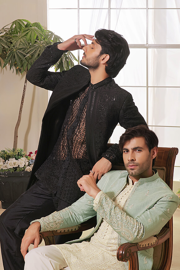 Black Embroidered Organza & Silk Prince Coat (3-Piece) - Image 9