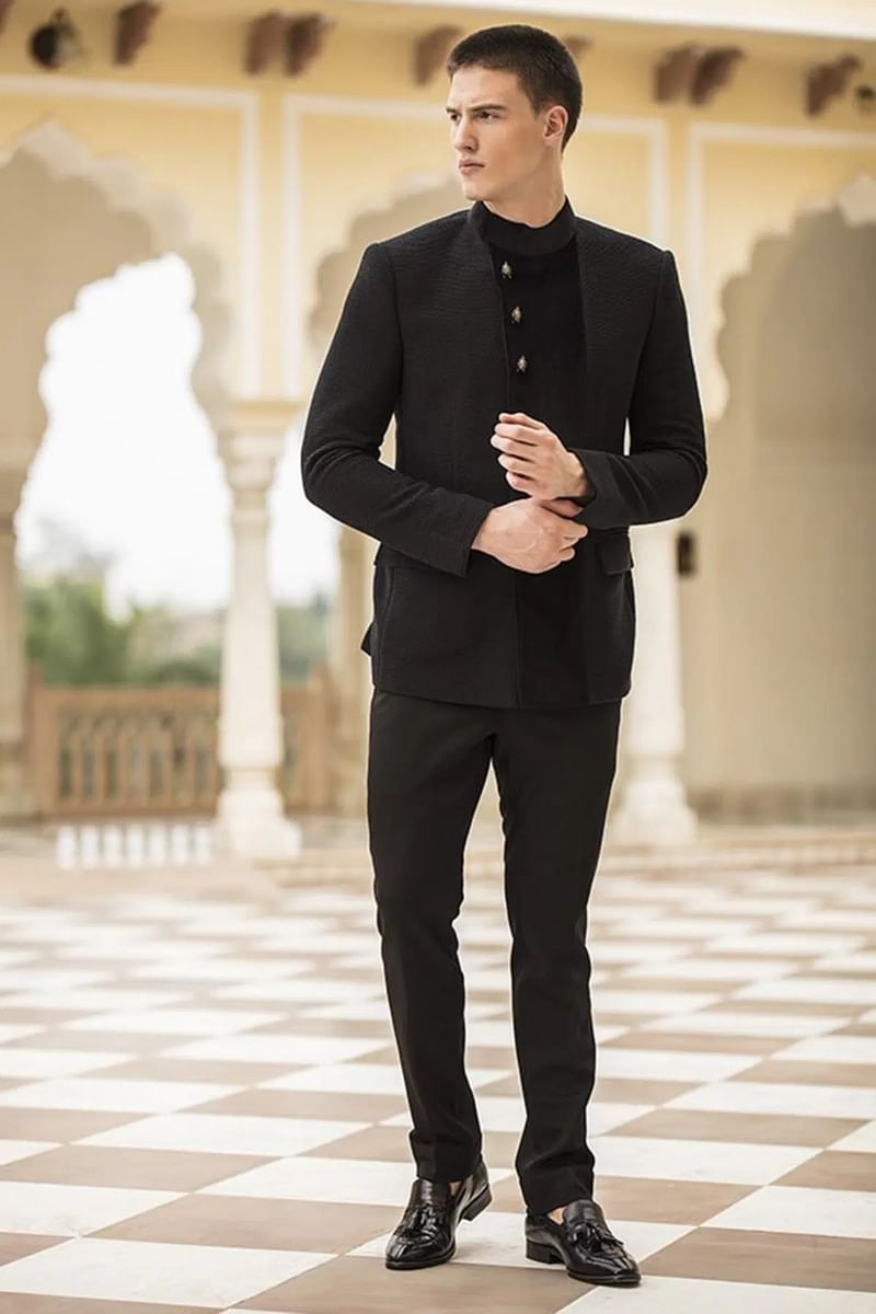 Black Poly-Knit Slim Fit Jodhpuri Suit (2-Piece) - Image 1