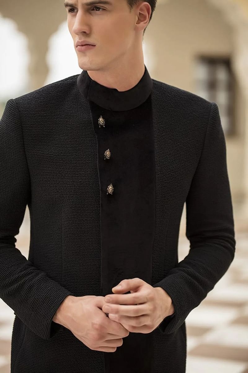 Black Poly-Knit Slim Fit Jodhpuri Suit (2-Piece) - Image 2