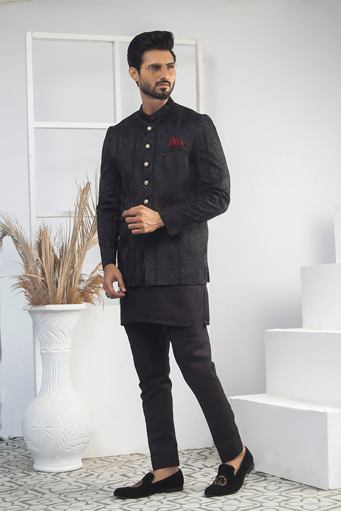 Black Textured Polyester-Blend Prince Coat (1-Pc) - Image 1