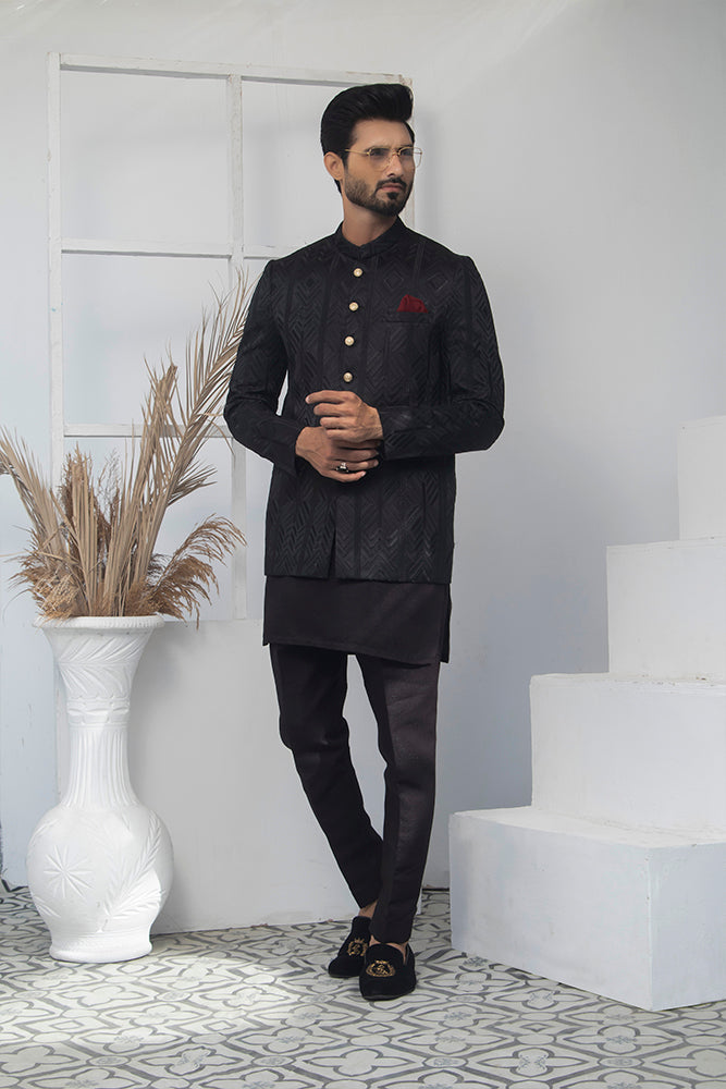 Black Textured Polyester-Blend Prince Coat (1-Pc) - Image 3