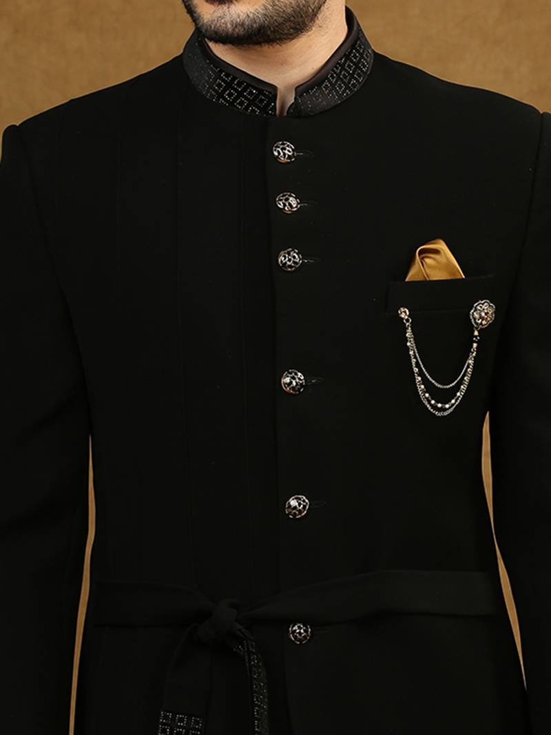 Black Geometric-Collar Polyester Bandhgala Jodhpuri Suit (2-Piece) - Image 1