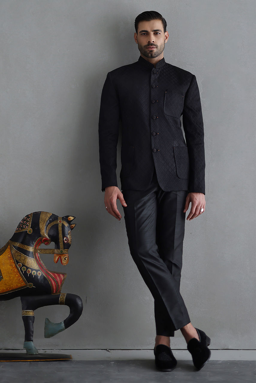 Black Hand-Embroidered Pure Atlas Prince Coat (2-Piece) - Image 1