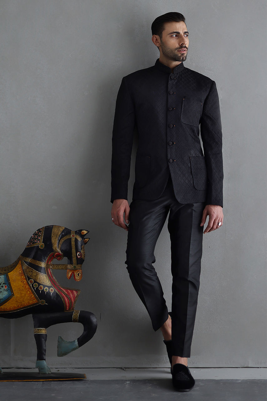 Black Hand-Embroidered Pure Atlas Prince Coat (2-Piece) - Image 2