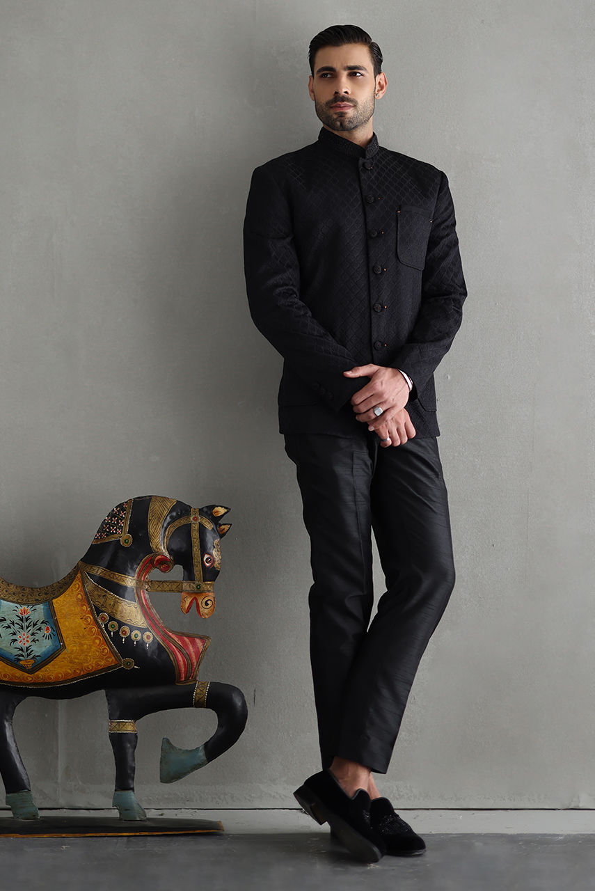 Black Hand-Embroidered Pure Atlas Prince Coat (2-Piece) - Image 3