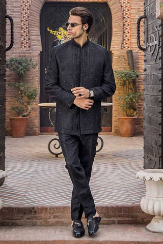Black Zardozi Pure Silk Prince Coat (2-Piece) - Image 2