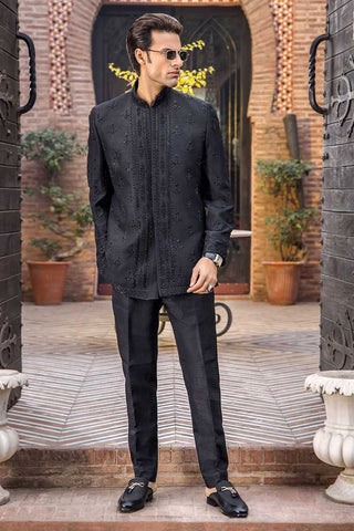 Black Zardozi Pure Silk Prince Coat (2-Piece) - Image 3
