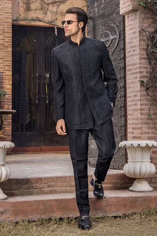 Black Zardozi Pure Silk Prince Coat (2-Piece) - Image 4