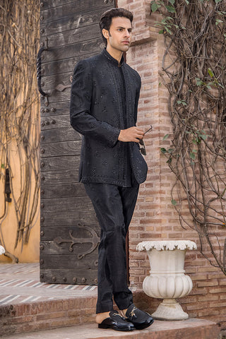 Black Zardozi Pure Silk Prince Coat (2-Piece) - Image 5