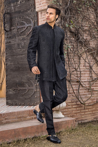 Black Zardozi Pure Silk Prince Coat (2-Piece) - Image 6