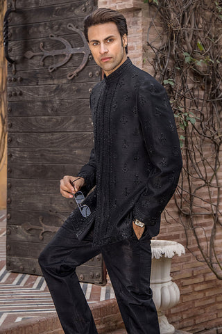 Black Zardozi Pure Silk Prince Coat (2-Piece) - Image 8