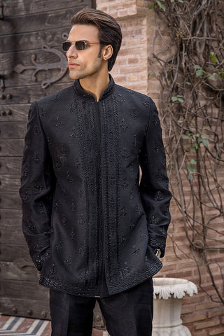 Black Zardozi Pure Silk Prince Coat (2-Piece) - Image 9