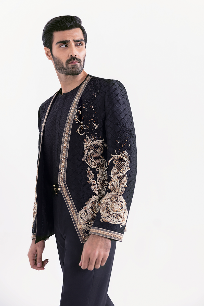Black Quilted Prince Coat with Gold Embroidery (2-Piece) - Image 1