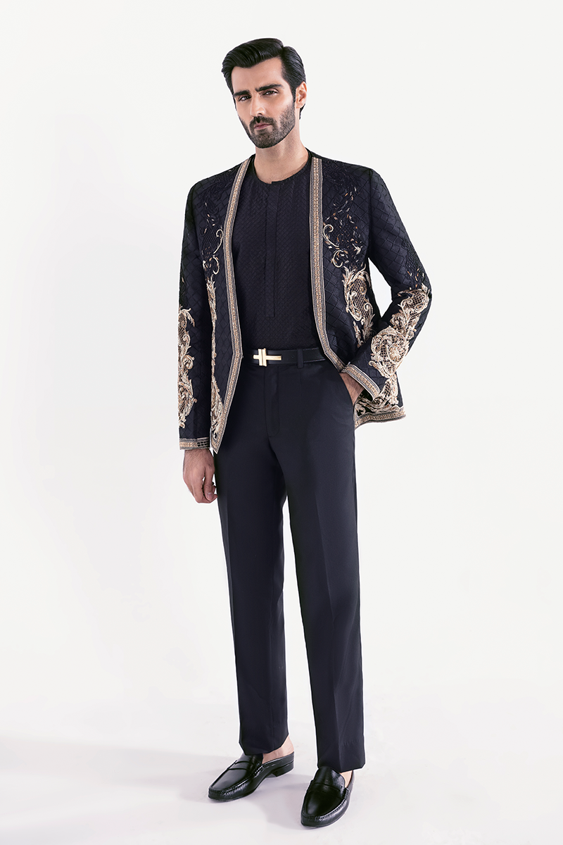 Black Quilted Prince Coat with Gold Embroidery (2-Piece) - Image 2
