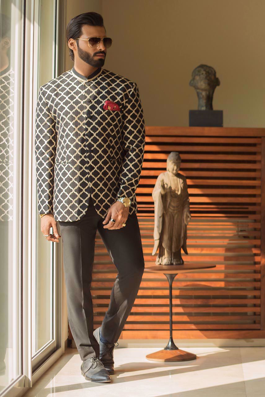 Black Moroccan Embroidered Raw Silk Prince Coat (2-Piece) - Image 1