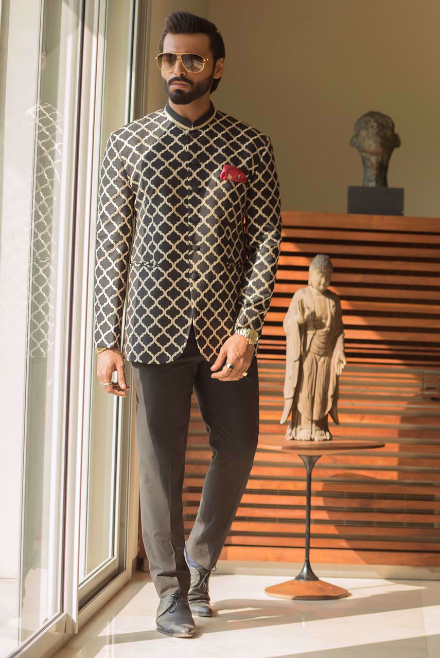 Black Moroccan Embroidered Raw Silk Prince Coat (2-Piece) - Image 2