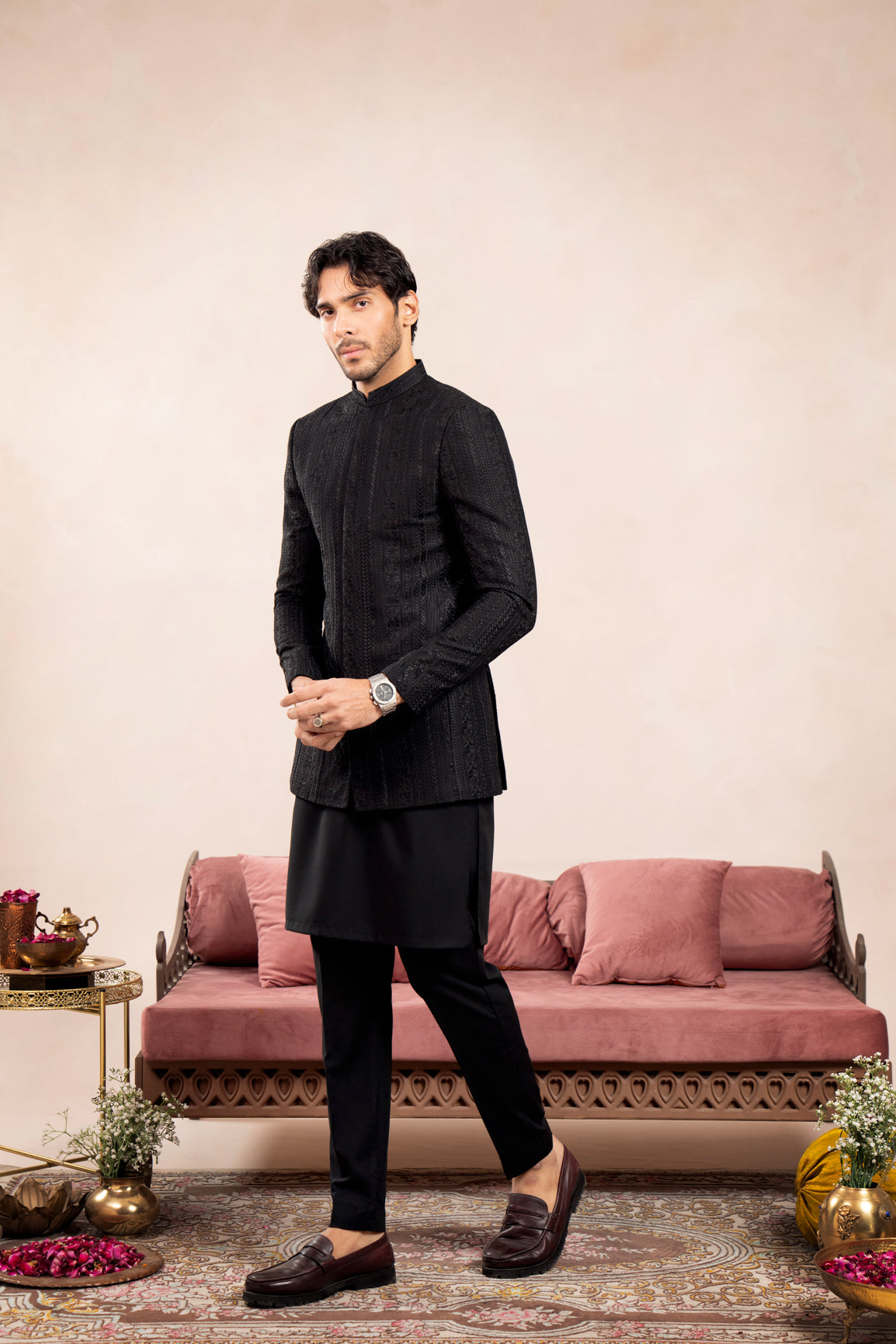 Black Cross-Stitch Raw Silk Prince Coat (3-Piece) - Image 3
