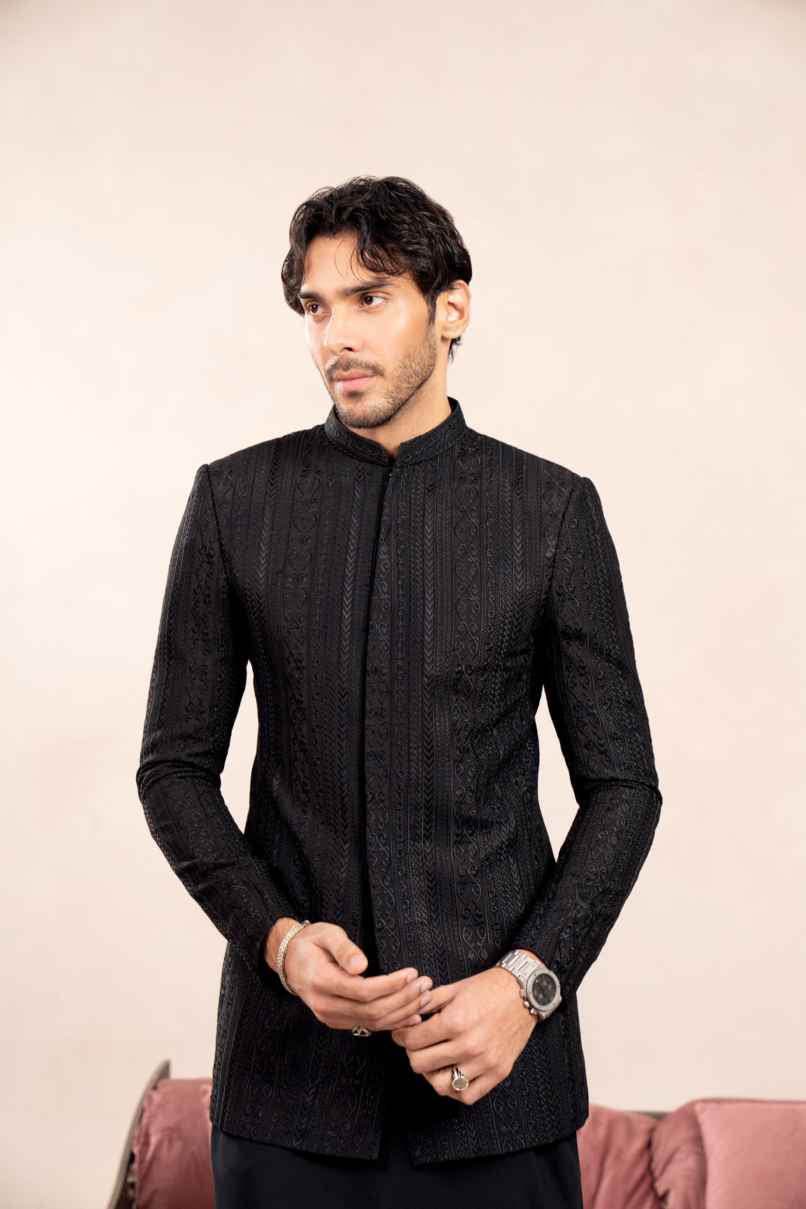 Black Cross-Stitch Raw Silk Prince Coat (3-Piece) - Image 5