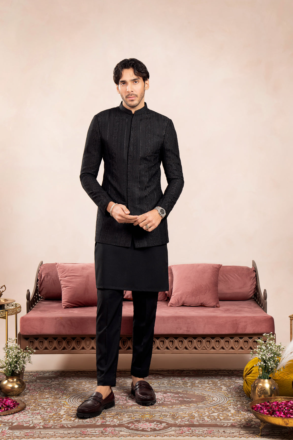 Black Cross-Stitched Raw Silk Prince Coat (1-Pc) - Image 2