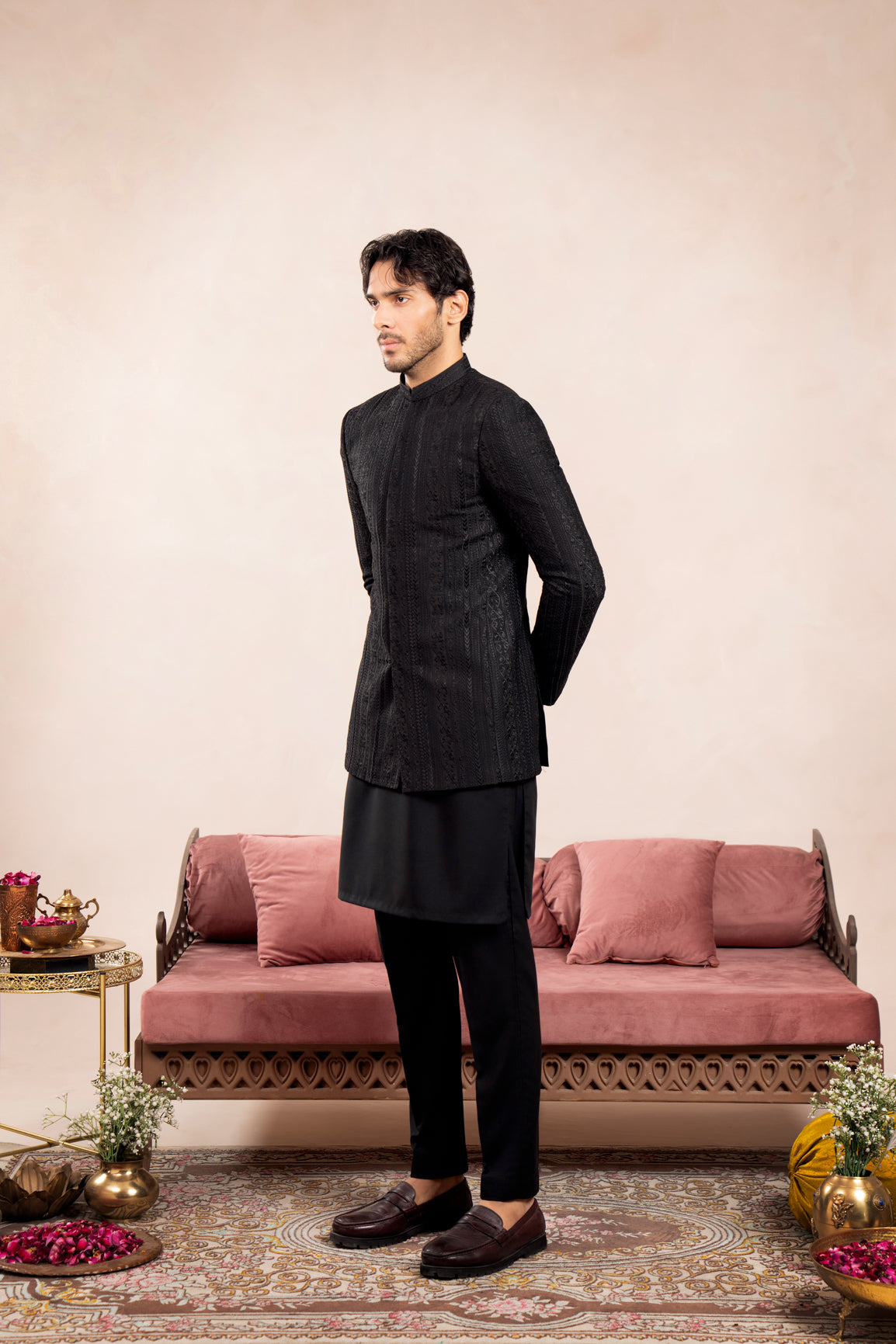 Black Cross-Stitched Raw Silk Prince Coat (1-Pc) - Image 3