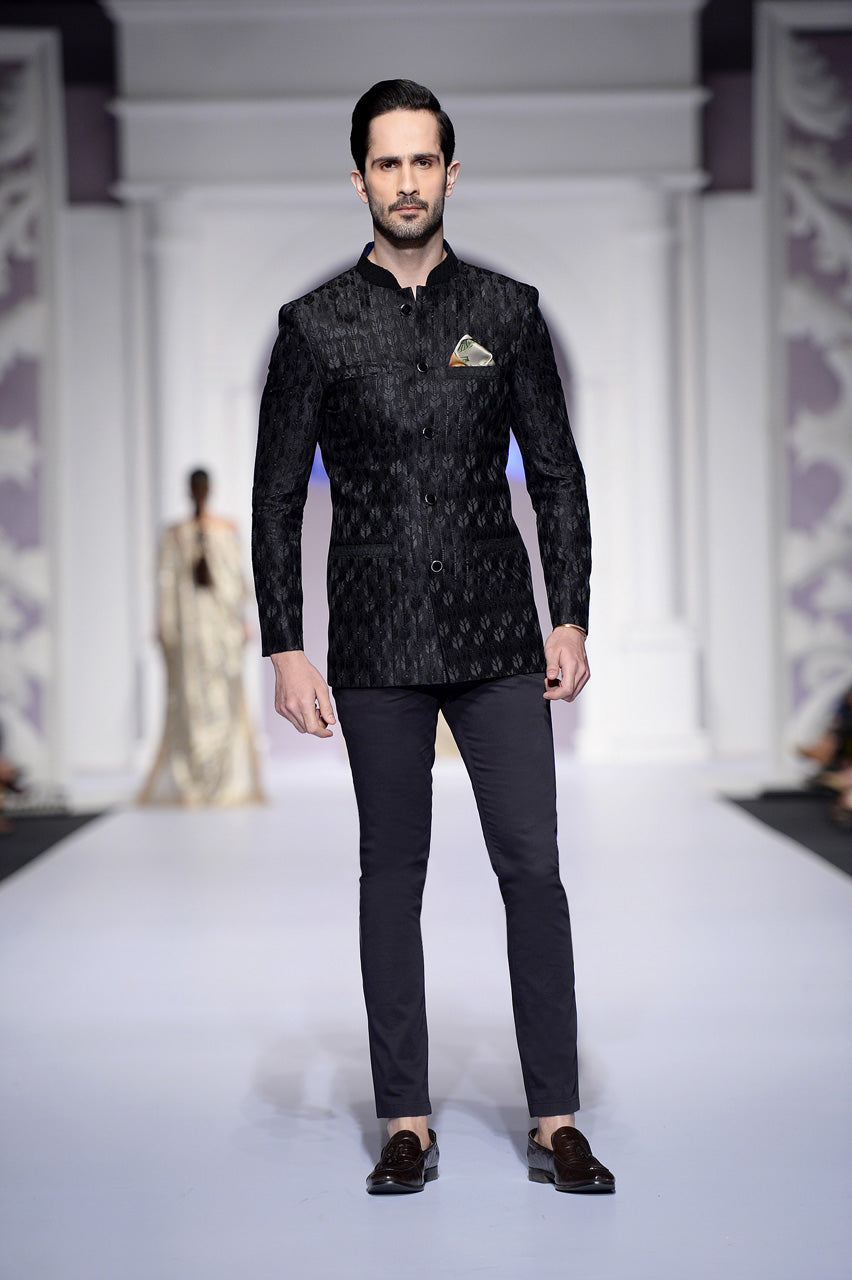 Black Embroidered Raw Silk Prince Coat (2-Piece) - Image 1