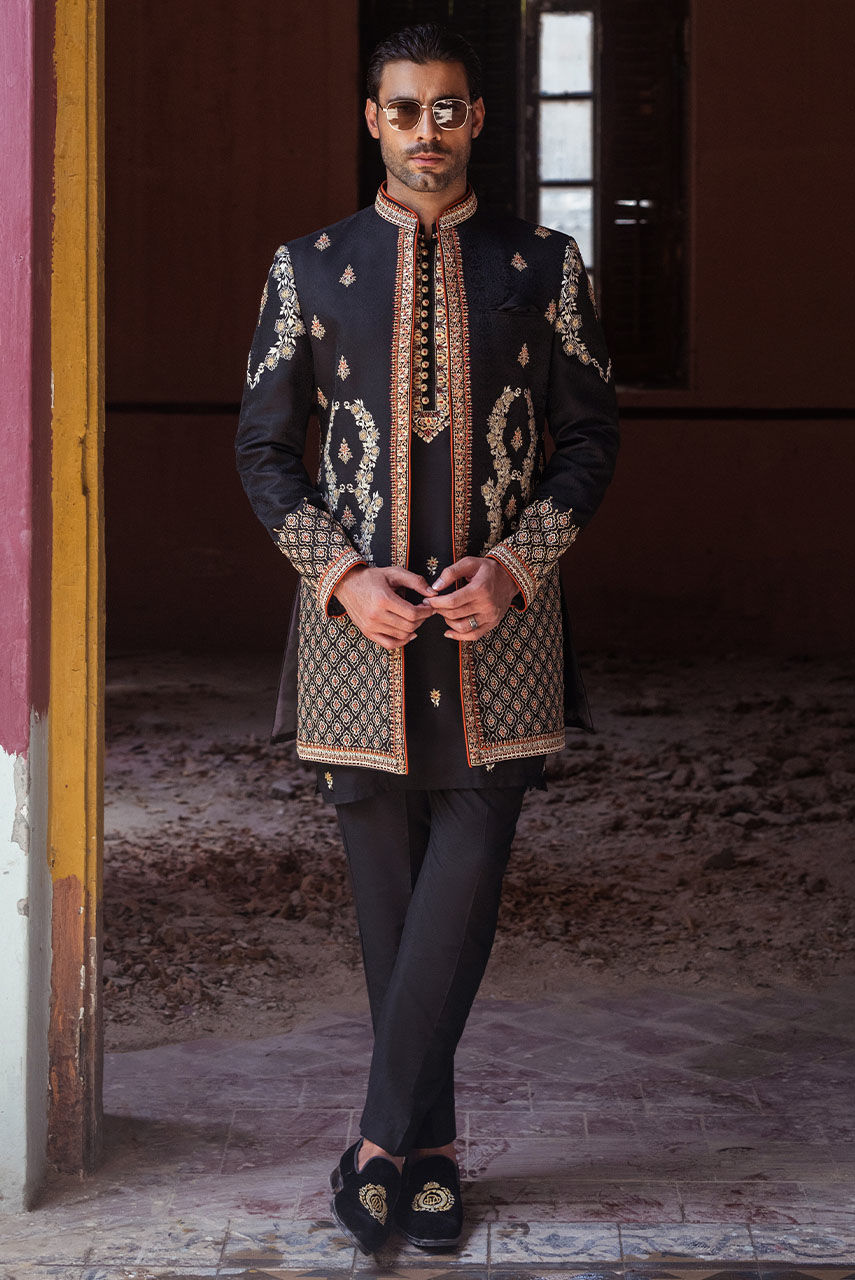 Black Embroidered Raw Silk Prince Coat (3-Piece) - Image 1