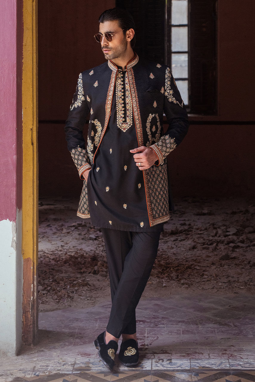 Black Embroidered Raw Silk Prince Coat (3-Piece) - Image 2