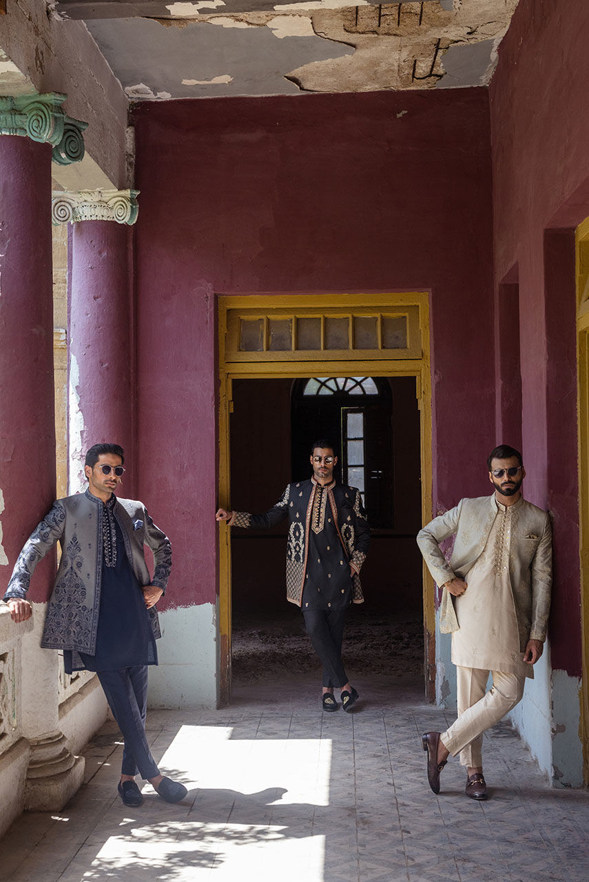 Black Embroidered Raw Silk Prince Coat (3-Piece) - Image 5