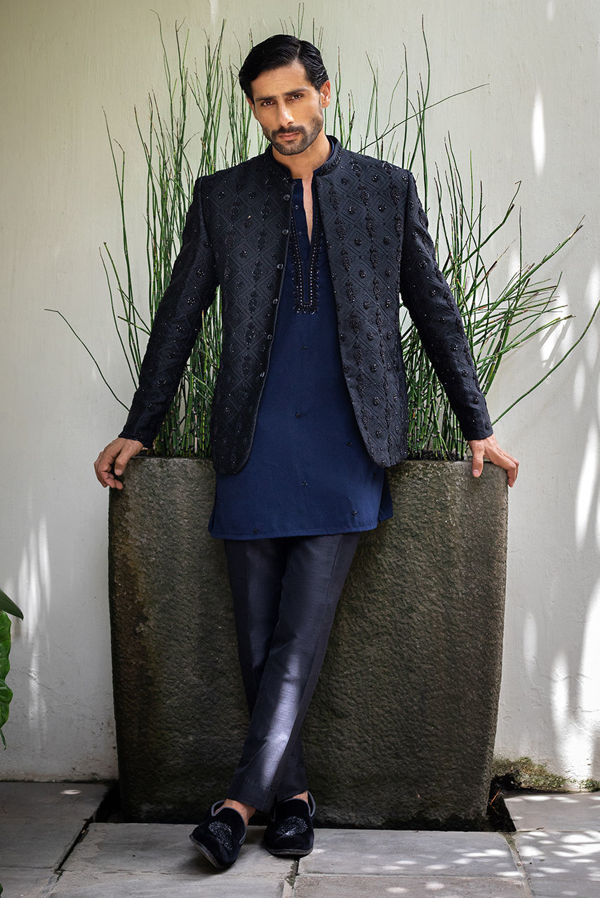 Black Hand-Embroidered Raw Silk Prince Coat (3-Piece) - Image 1
