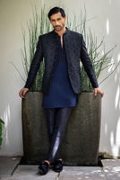 Black Hand-Embroidered Raw Silk Prince Coat (3-Piece) - Image 2